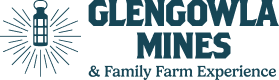 Logo for Glengowla Mines & Family Farm Experience, featuring a stylised lantern emitting rays of light to the left of the bold text.