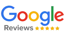 Google logo above the word "Reviews" and five gold stars, indicating a five-star Google Reviews rating.